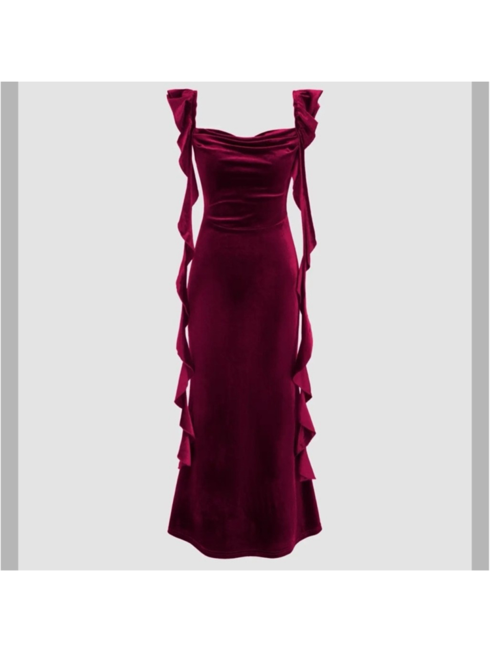 Cider VELVET COWL NECK SOLID RUFFLE HEM MAXI DRESS L UY10-4